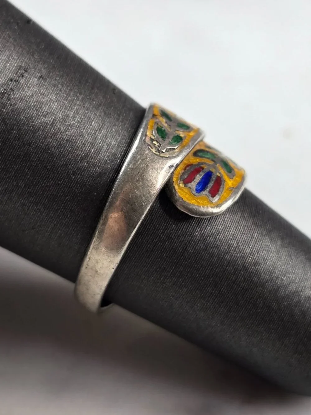 Womens Vintage Estate Sterling Silver Floral Enamel Siam Ring 2.3g E4143